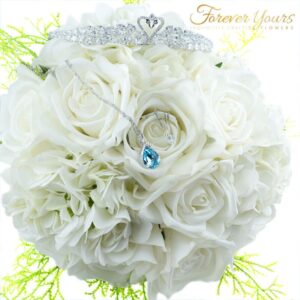 Competition Bridal Bouquet, blue crystal, swarovski, real touch white roses, wedding
