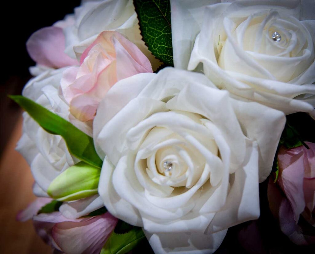 Cascading Wedding Bouquet of bridal white & pink silk roses & tulips