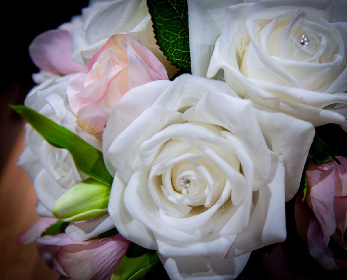 Cascading Wedding faux Bouquet of bridal white & pink silk roses & tulips