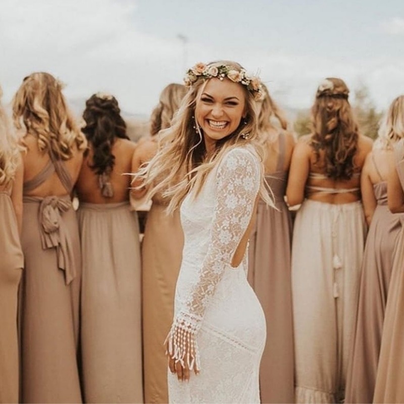 Boho dress, lace, bride, flower crown