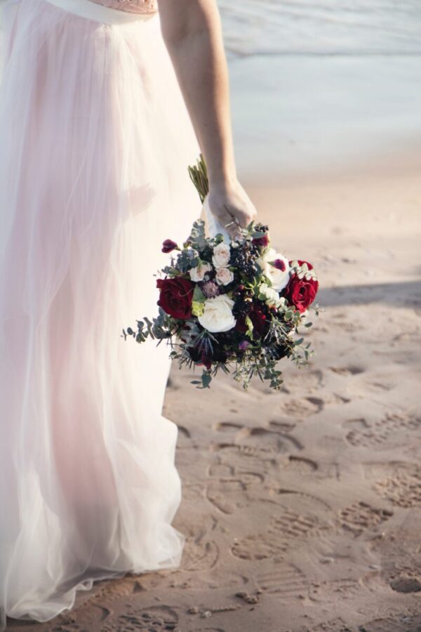 barefoot, bride, wedding dress, wedding, bouquet