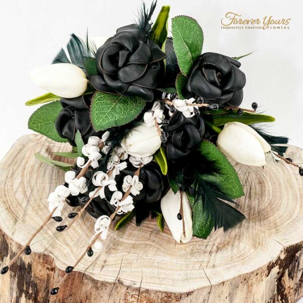 wedding flowers, black leather roses, tulips, artificial, silk, feathers