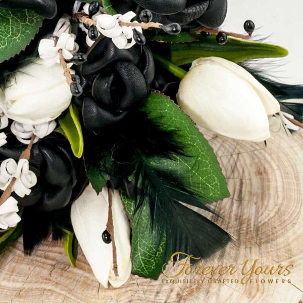 wedding flowers, black leather roses, tulips, artificial, silk, feathers, bouquet
