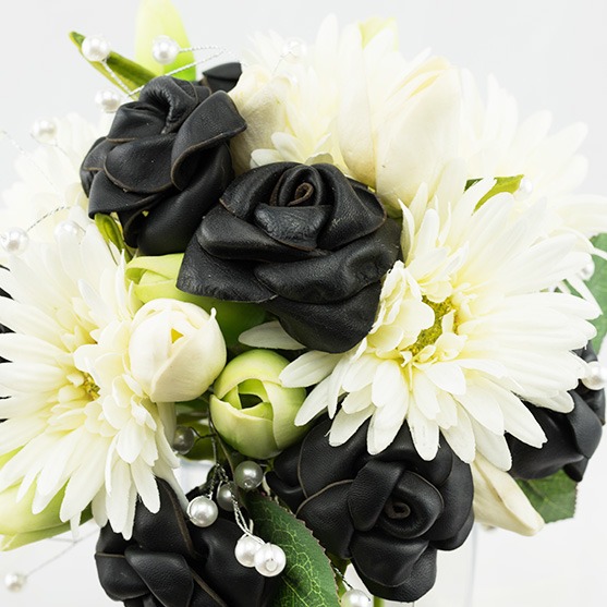 Black leather handmade roses with faux silk gerbera's and real touch tulips