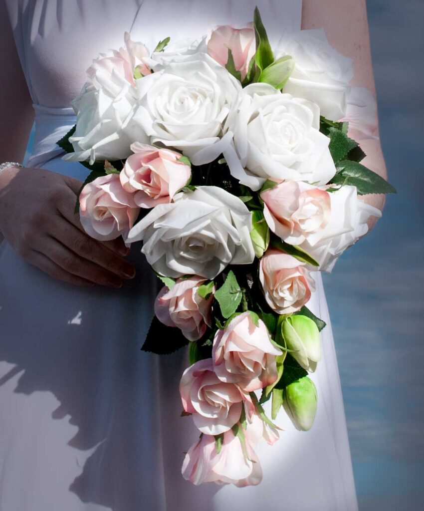 Laura Cascading Bouquet, wedding, pink and rose, buds, artificial flowers