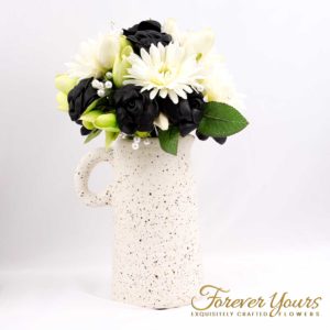 the Olpe jug with Darla Black Leather Rose bouquet