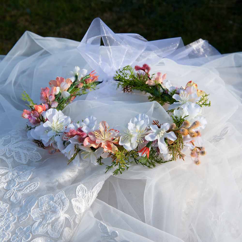 Faux flower wedding flowers with silk, real touch and dried artificial flowers. Flowergirl crown