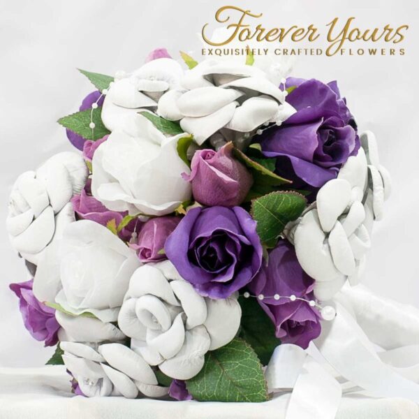 White Leather Bouquet for the Bride artificial wedding flowers, purple and mauve roses