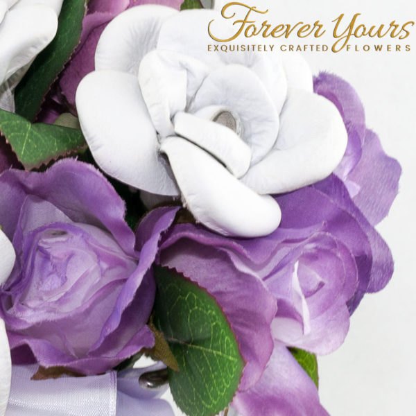 wedding flowers, white roses, purple roses, mauve, silk, artificial